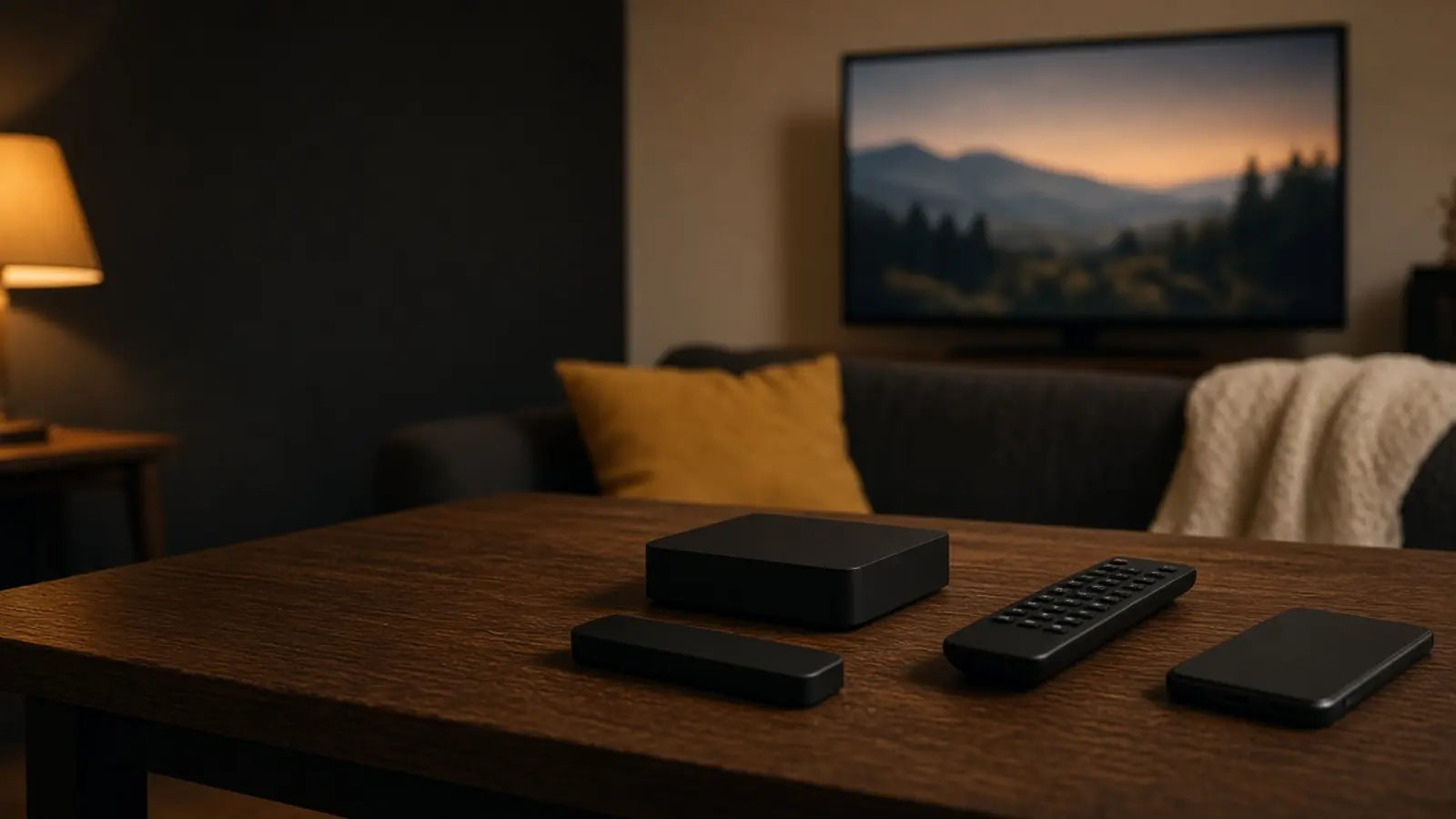 Auf einem niedrigen Wohnzimmertisch liegen eine kleine Streaming-Box, ein Stick, eine Fernbedienung und ein umgedrehtes Handy