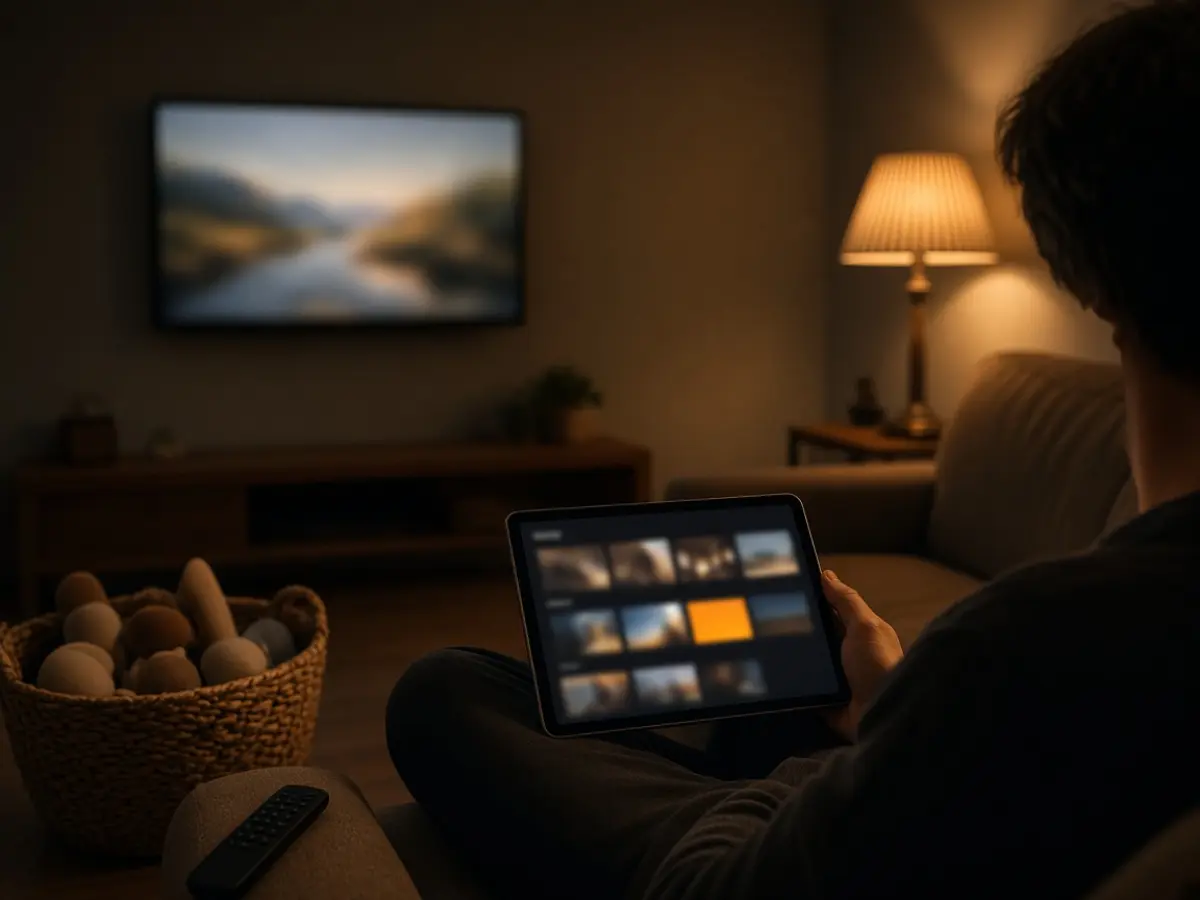 Nach dem Zubettgehen sitzt jemand auf dem Sofa, auf dem Tablet im Schoß läuft eine unscharfe Kachelreihe