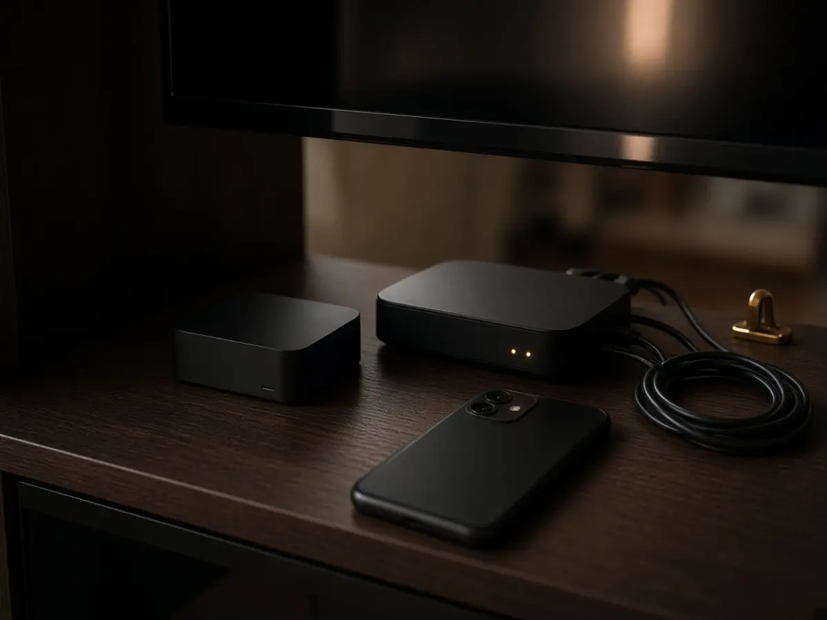 Auf der unteren Ablage der Fernsehbank stehen ein Router und eine kleine Streaming-Box nebeneinander