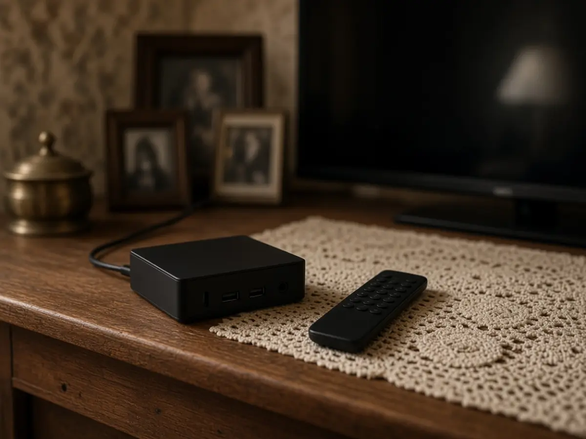Auf der Kommode einer Wohnstube steht eine kleine Streaming-Box neben einem Häkeldeckchen und einem Handy