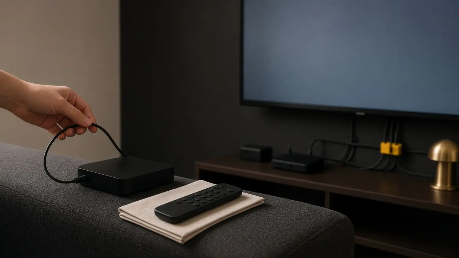 Auf der gepolsterten Sofalehne liegen eine schmale Fernbedienung, ein gefaltetes Blatt und eine kleine Streaming-Box