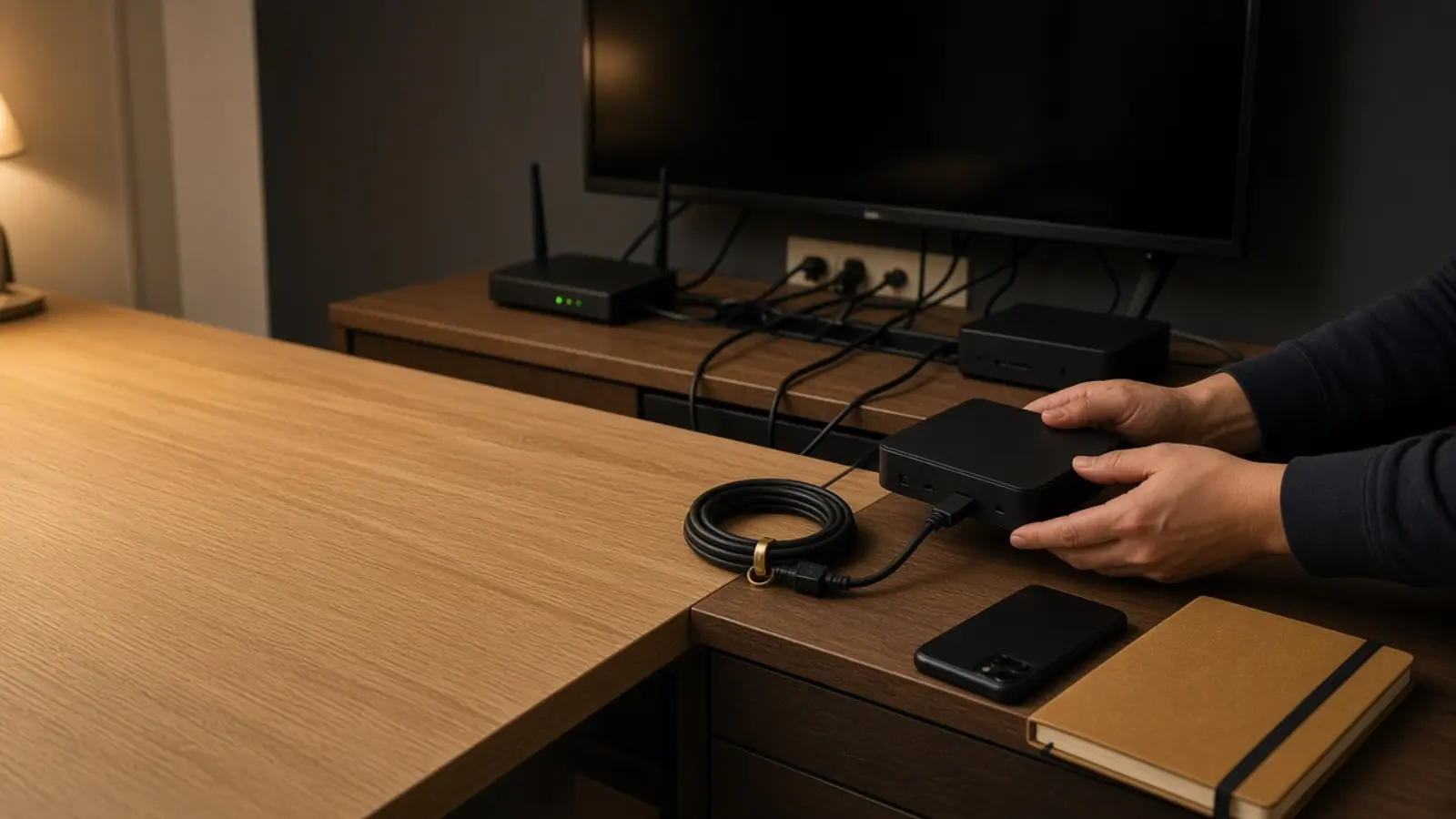 Am aufgeräumten Ende des Küchentisches liegen abends eine kleine Streaming-Box