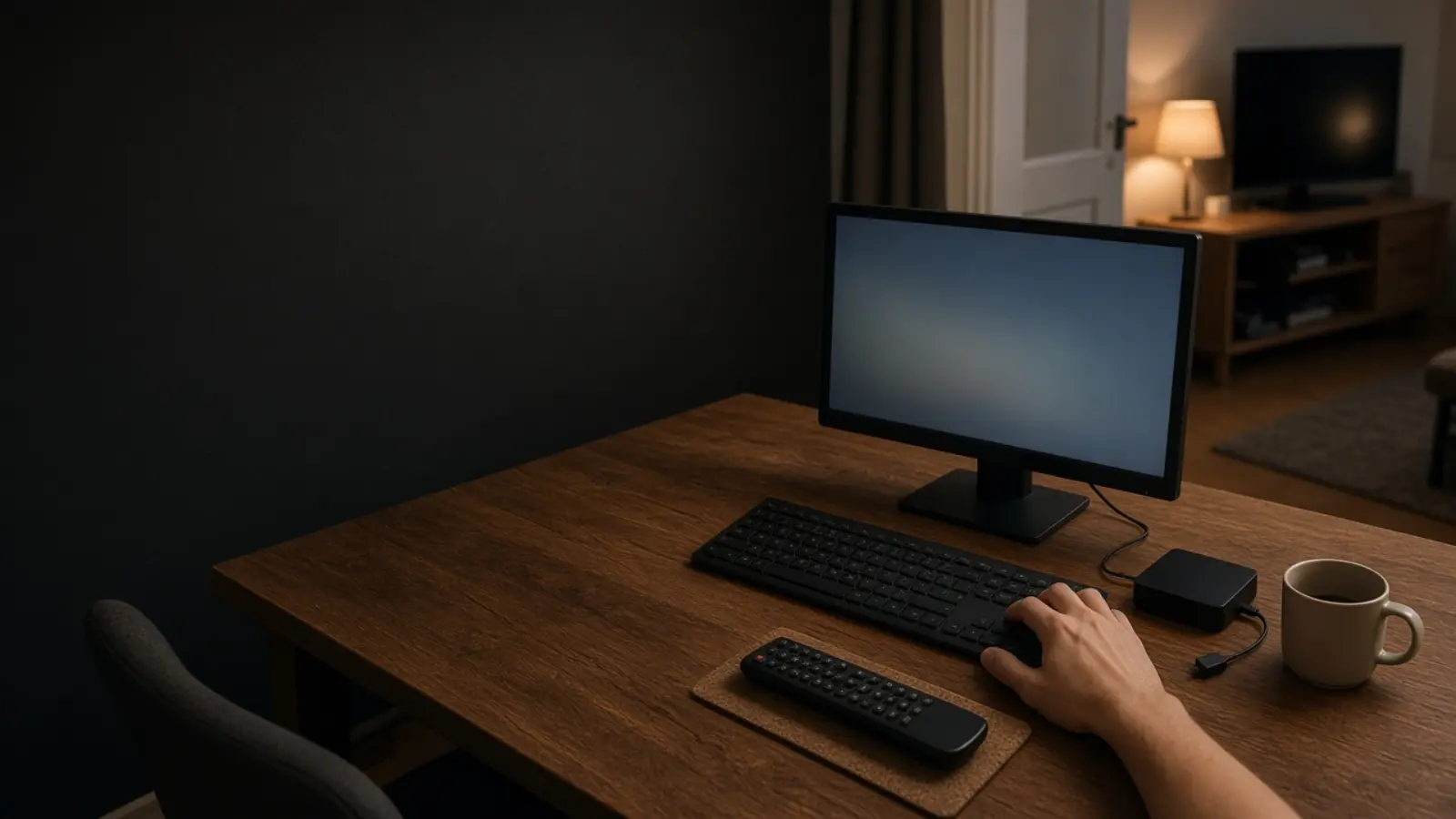 Am Ende des Esstisches stehen ein Bildschirm und eine Tastatur, davor liegen Fernbedienung und eine kleine Empfangsbox