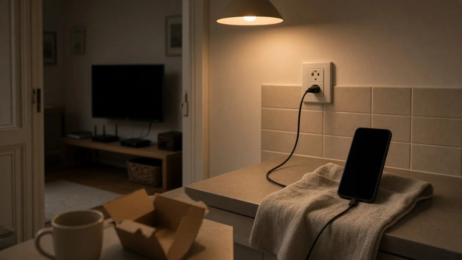 Ein Telefon steht aufgestellt in einem gefalteten Küchentuch auf der Arbeitsplatte, das Ladekabel führt zur Steckdose