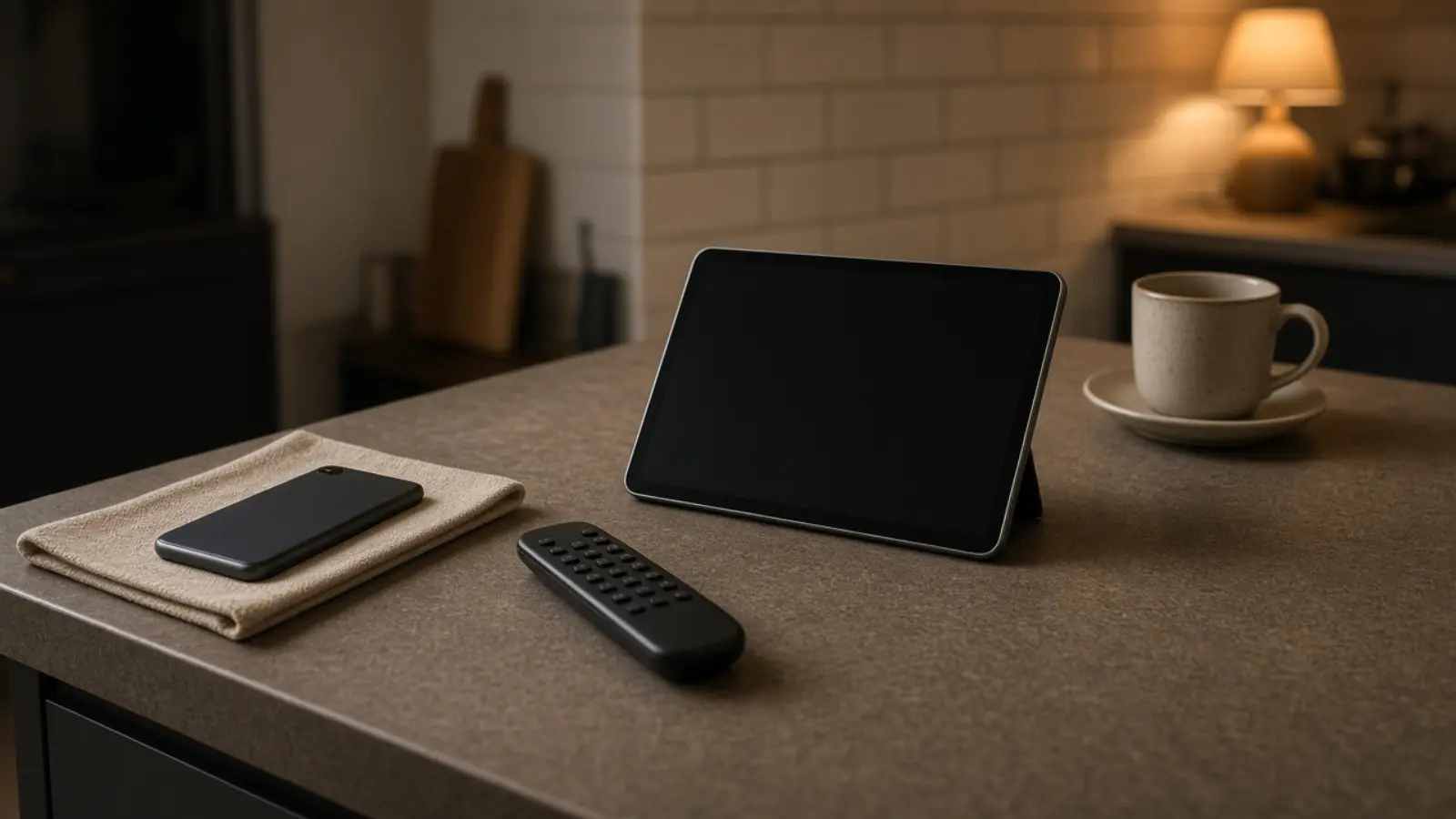 Telefon und Tablet liegen abends nebeneinander auf der Küchenarbeitsplatte, beide Bildschirme bleiben dunkel