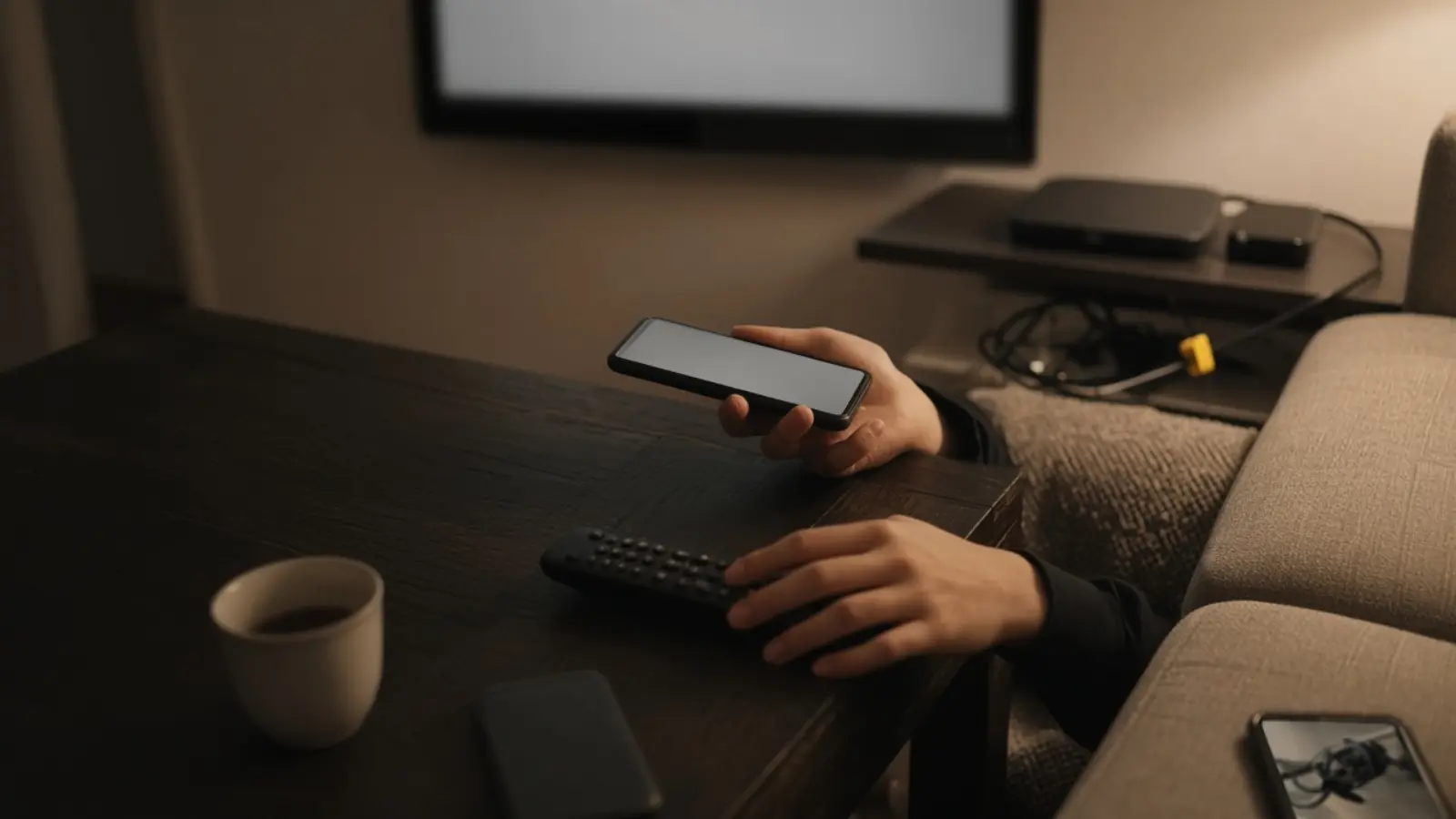 Eine Hand hält über dem Beistelltisch am Sofa ein Telefon mit gleichmäßig dunklem Display