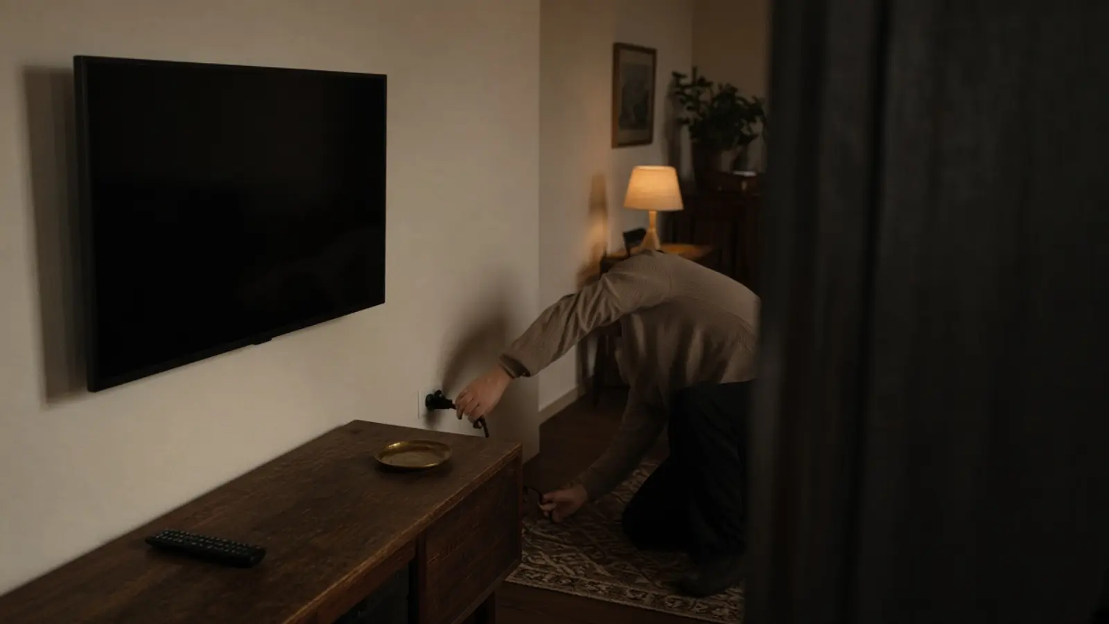 Blick durch die offene Wohnzimmertür: jemand kniet neben dem Fernseher und zieht den Netzstecker aus der Wanddose