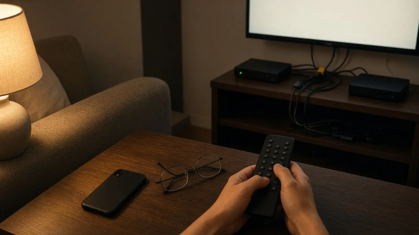 Zwei Hände halten am Beistelltisch neben dem Sofa eine Fernbedienung