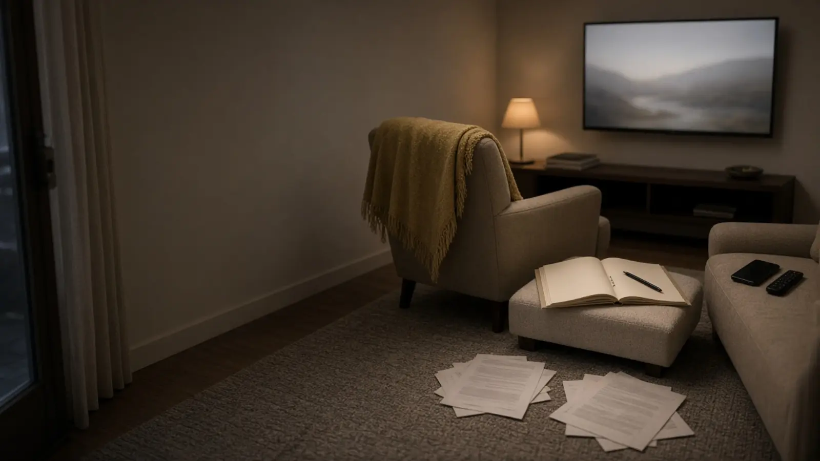 Wohnzimmer am Abend, in dem etwas nachgeschlagen wird: ein aufgeschlagener Ordner auf dem Hocker vor dem Fernseher