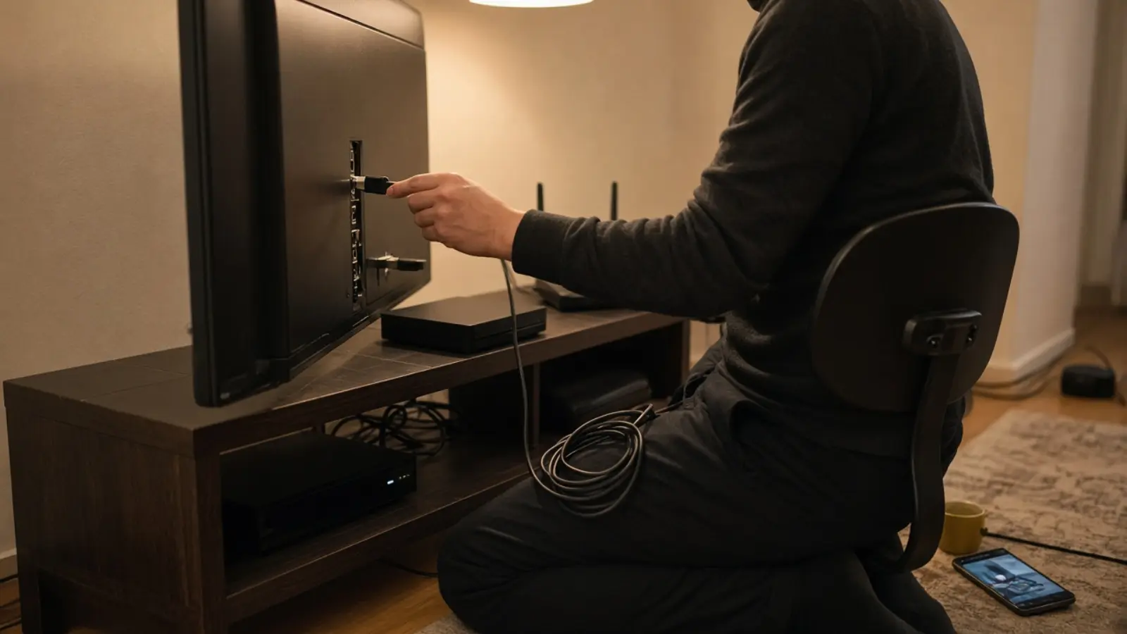 Eine Person sitzt auf einem Bürostuhl dicht am Fernsehmöbel und führt ein Netzwerkkabel vom Router zur Buchse