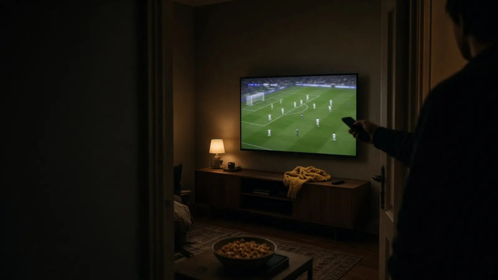 Am Abend läuft ein Fußballspiel auf dem Fernseher