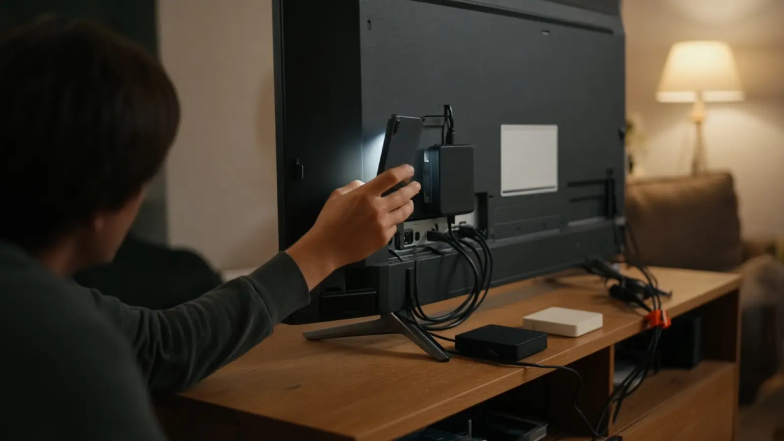Eine Person leuchtet mit dem Handy hinter den Fernseher und sucht dort das kleine Typenschild